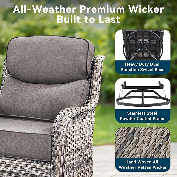 Luxury Outdoor Swivel Rocker Patio Chairs-3 Piece Wicker Patio Rocking Chairs Set of 2 with Glass Side Table 6" Thick Cushions High Back Outdoor Furniture Sets for Deck Porch Balcony(Grey/Grey)