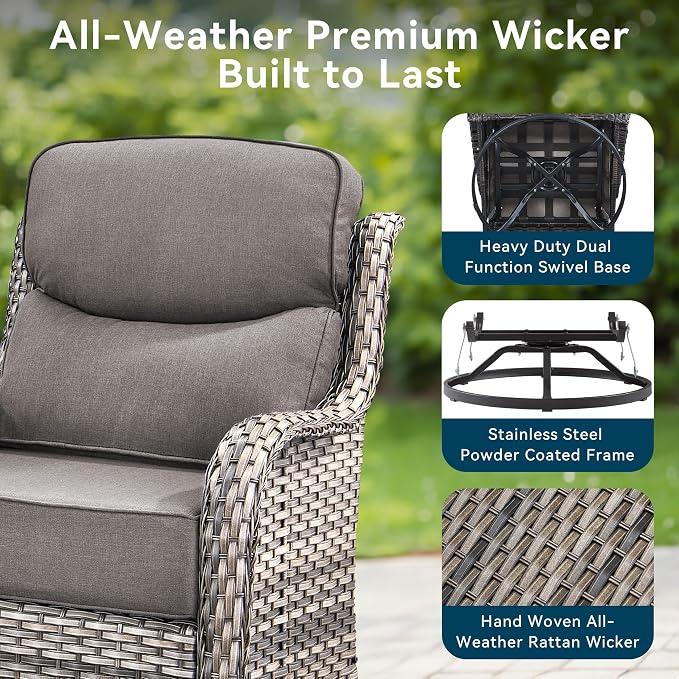 Luxury High Back Outdoor Furniture with 6-Inch Thick Cushions, Patio Furniture Set with Swivel Chairs, 4 PCS Wicker Conversation Set for Porch, Balcony, Deck and Yard