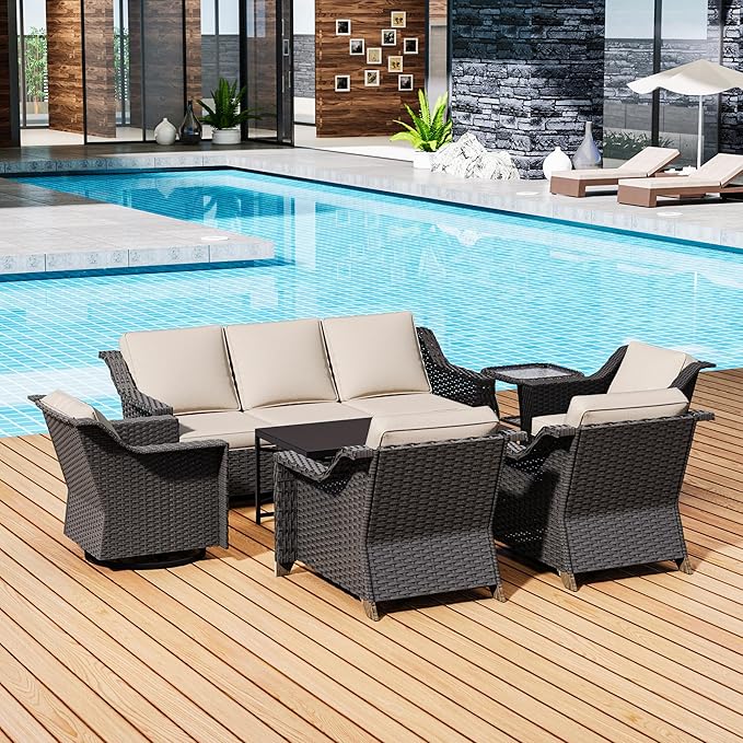7 Pieces Outdoor Conversation Furniture Set - 77" Patio sofa, 2 Armchairs, 2 Swivel Glider Chairs, 1 Side Table, 1 Metal Coffee Table, Wicker Couch with Washable Cushions for Porch (Beige)