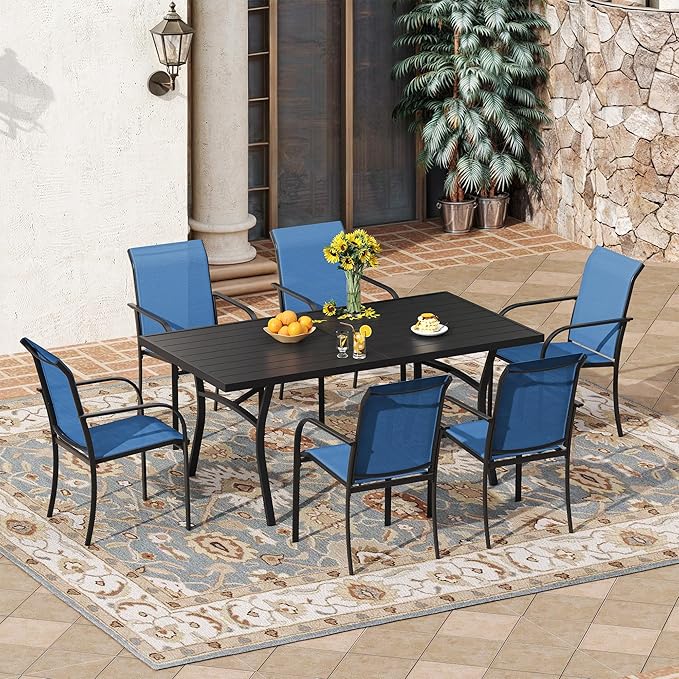 VICLLAX 7 Pieces Patio Outdoor Dining Set, 63" Outdoor Rectangular Metal Dining Table with Umbrella Hole and 6 Stackable Textilene Chairs for Lawn, Garden, Porch, Black/Dark Blue