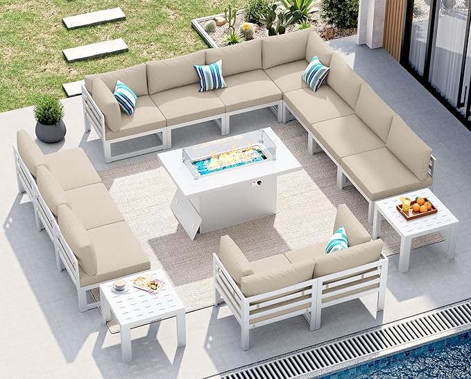 NICESOUL 15 Pcs Modern Aluminum Outdoor Patio Furniture Set with Fire Pit Table & Coffee Table, Extra Large L Shaped Modular Sectional Couch, 29" Wide Deep Seating Conversation Sofa for Terrace, Beige