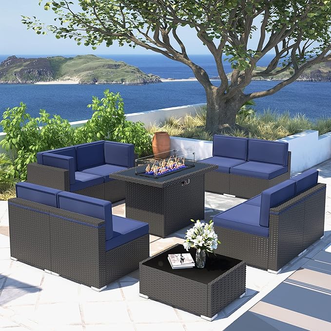 10 Pieces Patio Furniture Set with 44" Propane Gas Fire Pit Table, Outdoor Sectional Wicker Conversation Sofa Sets with Coffee Table