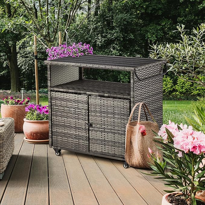 Outdoor Bar Cart, Patio Storage Grill Cart with Handles, Waterproof Liner and 4 Universal Wheels, Fade-resistant PE Rattan Storage Box for Cushions, Gardening Tools, Outdoor Deck Box, Gray