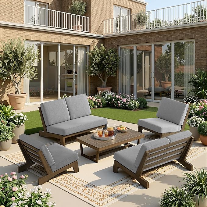 UIXE 7 Pieces All Weather Wood Patio Furniture Sets, 2 Patio Loveseat, 4 Patio Bistro Chair, Outdoor Sectional Sofa Furniture Backyard Conversation Set with Coffee Table - Grey