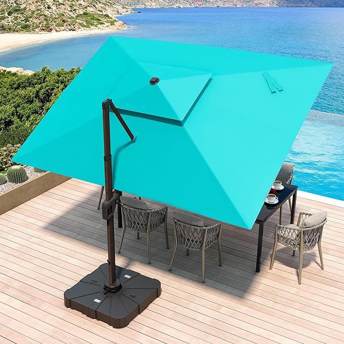 JZAC & QZYD 10X13 FT Outdoor Cantilever Patio Umbrella with LED Lights, Large Heavy Duty 2-Tier Aluminum Offset Umbrellas with 360-Degree Rotation for Pool Deck, Turquoise