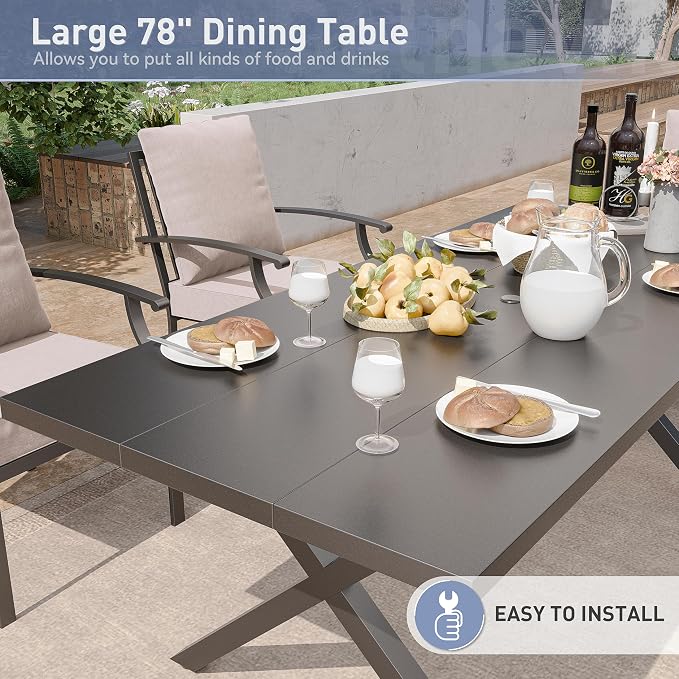 Kurapika 9 Pieces Patio Dining Set Outdoor Furniture with 8 Fixed Chairs, Metal Patio Furniture Set 8 Chairs and Large Table with Umbrella Cutout for Yard Porch, Sand
