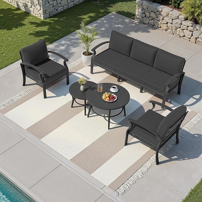 Kullavik Aluminum Patio Furniture Set with 2 Round Coffee Tables,5-seat Metal Outdoor Sectional Furniture w/5.1" Cushions,Patio Conversation Sets for Garden,Backyard,Porch-Black