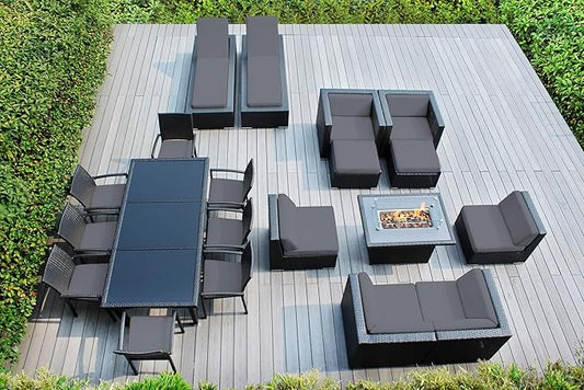 20 Piece Outdoor Patio Furniture Black Wicker Conversation Set with Fully Assembled Sectional and 42-inch Propane Gas Fire Table