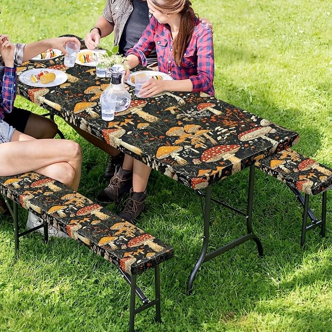 Mushroom Picnic Table Cover with Bench Covers, Beach Waterproof Outdoor Table Cover, Picnic Table Covers with Elastic Suitable for Camping Party Travel Camping