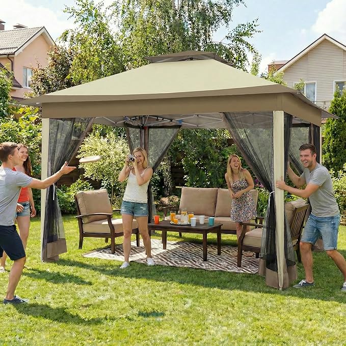 COBIZI 12x12 Pop Up Gazebos On Clearance - Upgrade Easy Up Metal Outdoor Gazebo Waterproof - Portable Gazebo with Mosquito Nettings, 4 Ropes 8 Stakes and Carry Bag for Patio Garden(Khaki)