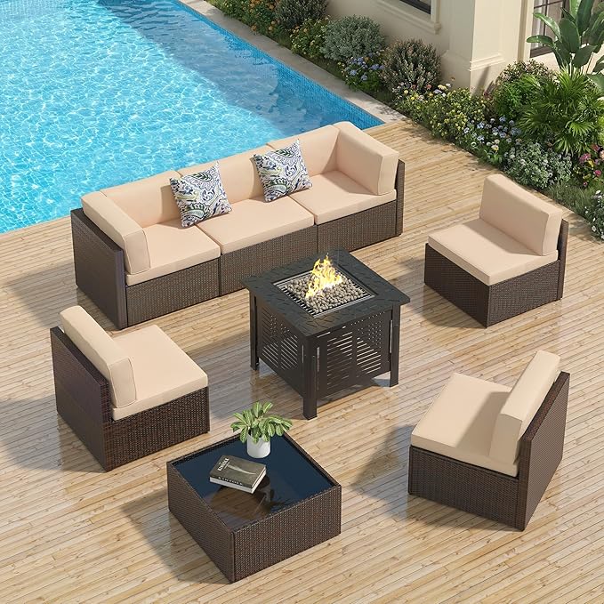U-MAX 7 Piece Outdoor Patio Furniture Set with 30 Inch Fire Pit Table, PE Rattan Wicker Sofa Set, Outdoor Sectional Furniture Chair Set with Cushions and Tea Table, Brown Rattan&Beige Cushion