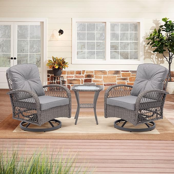 3 Pieces Outdoor Swivel Rocker Patio Chairs, 360 Degree Rocking Patio Conversation Set with Thickened Cushions and Glass Coffee Table for Backyard, Grey