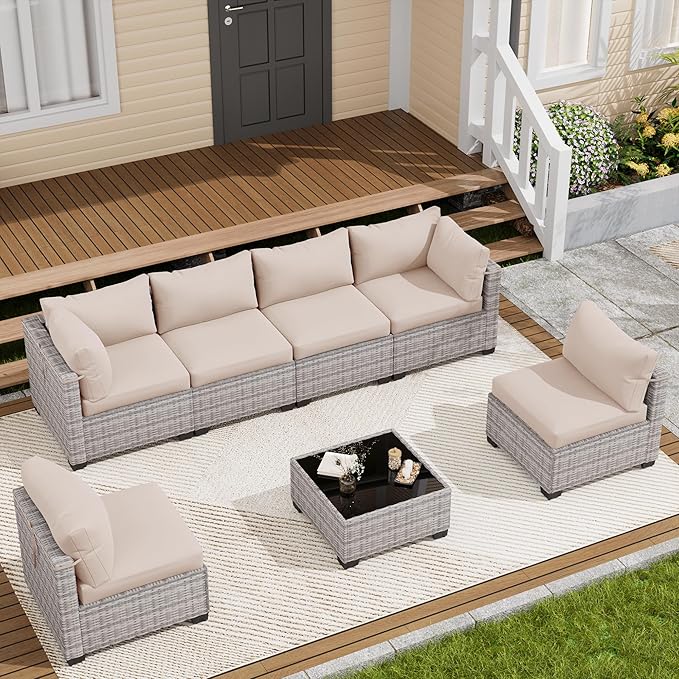 7 Piece Outdoor Patio Furniture Set, Rattan Chairs Glass Table Wicker Conversation Seating Sectional Sofa with Cushions (Grey White-Beige, 7Pcs-Straight Back)