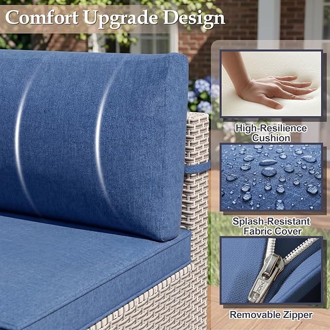 Patio Furniture Set, 18-Piece Outdoor Sectional Sofa with Swivel Rocker Chairs & Fire Pit Table, Wicker Patio Conversation Set with Coffee Table, Blue Cushions