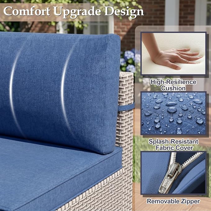 Patio Furniture Set, 10-Piece Outdoor Sectional Sofa with 60,000 BTU Fire Pit Table & Ottomans, Wicker Patio Conversation Set with Coffee Table, Blue Cushions
