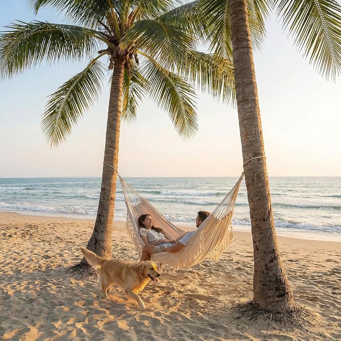 Outdoor Hammock Garden Cotton Hammock Macrame Fringe Hammocks Boho Balcony Hammocks with Handmade Tassels 2 Person Double Hamock 480lbs for Home,Backyard,Beach,Patio