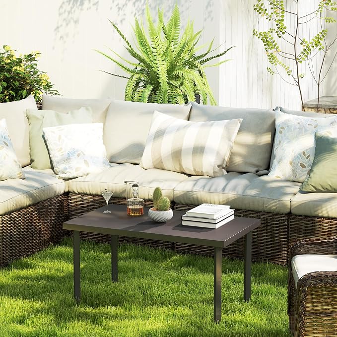 Outsunny Metal Garden Coffee Table, Rectangular Outdoor Side Table with Woodgrain Tabletop, Foot Pads for Outside, Garden, Balcony, Porch, 95 x 55 x 46cm, Brown