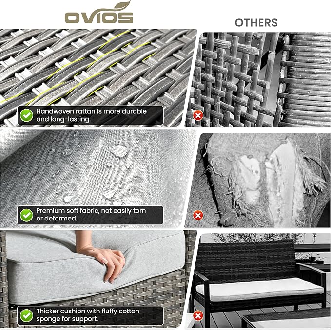 ovios 7 Pieces Patio Furniture Set, Outdoor Wicker Rattan Sofa Couch with Swivel Glider Chairs Glass Table Comfy Cushions Modern Conversation Set for Backyard Porch, Grey