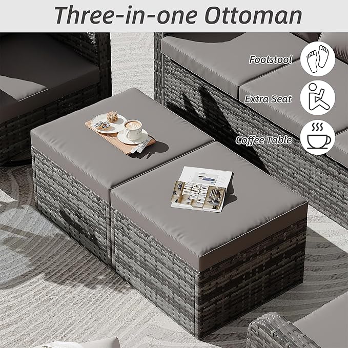 HOMREST 5 Piece Outdoor Patio Furniture Set-Wicker Swivel Chairs Set of 2 with 2 Ottoman, Coffee Table & Cushions Small Patio Furniture Set for Garden, Balcony (Grey)