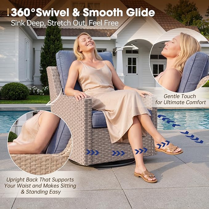 NestNook 6 Piece Patio Furniture Set, Outdoor Furniture Wicker Swivel Chairs Set of 2 with 3-Seater Sofa, 2 Ottomans and Coffee Table Patio Conversation Set for Backyard Balcony & Poolside（Blue）