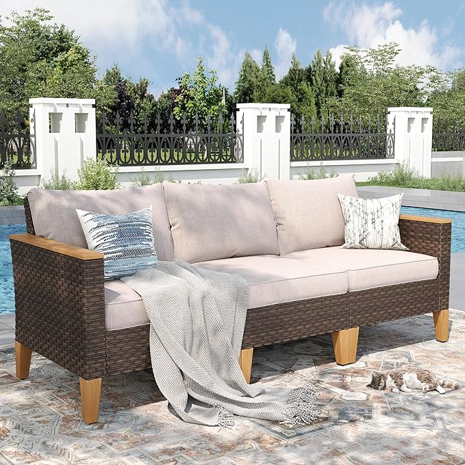 PHI VILLA Wicker Patio Furniture Sofa Set, 3 Seater Rattan Couch with Deep Seating for Poolside, Garden 2 x Single Sofa, Beige