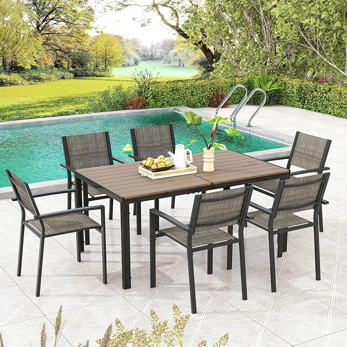 Tangkula Outdoor Rectangle Dining Table, 59” x 35” Large Outside Table with Metal Legs, Accommodate up to 6, Patio Weatherproof Table for Backyard, Garden, Poolside