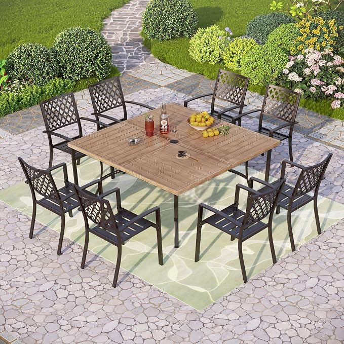 PHI VILLA 9 Pcs Outdoor Dining Set& 57.5" Wood-Like Table | Square Metal Table w/ Umbrella Hole &Wrought Iron Chairs, Large Outside Furniture Set for Patio, Deck, Yard, Porch
