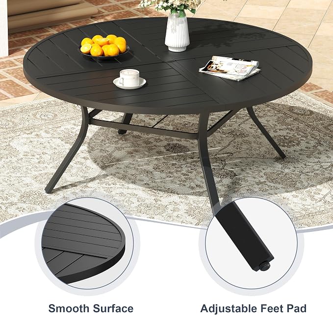 VICLLAX 53" Round Patio Dining Table for 6-8, All Weather Metal Outdoor Table with 1.57" Umbrella Hole and Surdy Frame for Garden Lawn Deck, Black