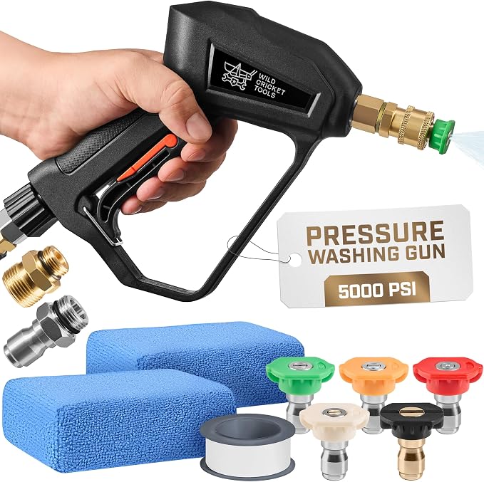 Wild Cricket Tools® Short Pressure Washer Gun 5000 PSI, 3/8" QC & M22-14mm Inlet | 5 Nozzles, 360° Swivel, Lockable Trigger | Fits Electric & Gas Pressure Washers - NOT for Garden Hoses
