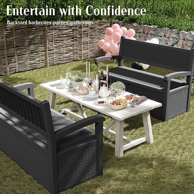 ROJIK 80 Gallon Storage Bench Deck Box Outdoor with Armrests, Resin Storage Furniture Waterproof Lockable for Porch Patio and Garden,Sturdy and Durable, Black
