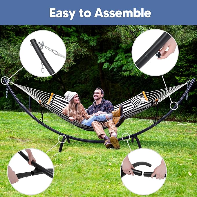 SUNCREAT Hammocks for Outside with Stand, Porch Hammock and Stand, 475 lbs Capacity, Patent Pending, Black & White
