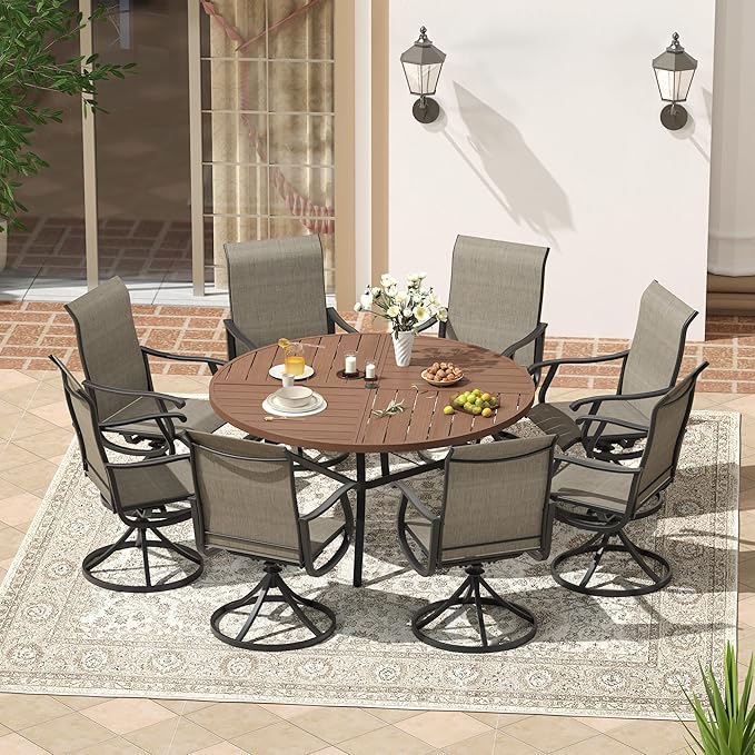 VICLLAX Patio 9 Pieces Outdoor Dining Set, 60" Round Metal Table with Umbrella Hole and 8 Swivel Textilene Chairs for Lawn, Garden, Porch, Walnut/Brown