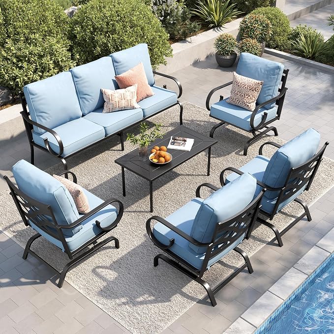 PHI VILLA Patio Furniture Set, 3-Seater Sofa, 4 Rocking Chairs and a Coffee Table, Outdoor Metal Conversation Set with 5.75" Extra Thick Cushion for Garden Backyard Deck, Blue
