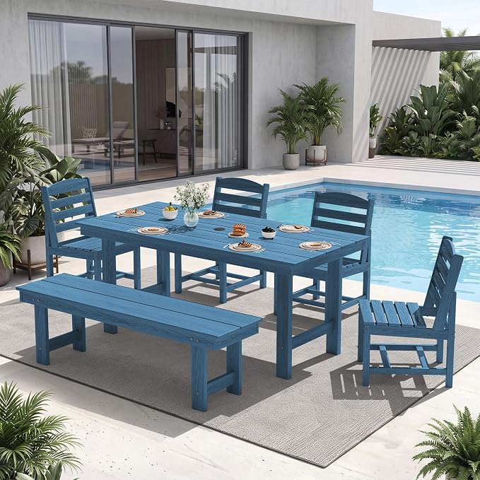 KINGYES 6-Piece Patio Dining Set, HDPE Table, Bench and Armless Chairs Outdoor Furniture Set with Umbrella Hole, Blue