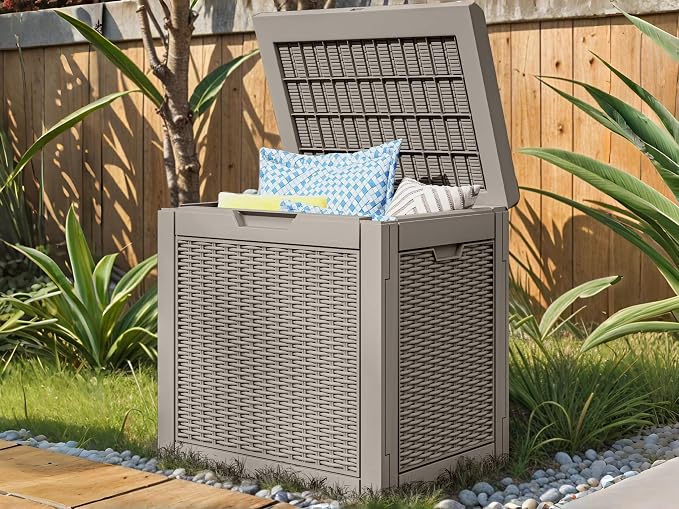 32 Gallon Resin Deck Box Outdoor Storage Box with Lockable Lid, Waterproof Patio Storage Container for Cushions, Garden Tools, 330LB Capacity, Easy Assembly