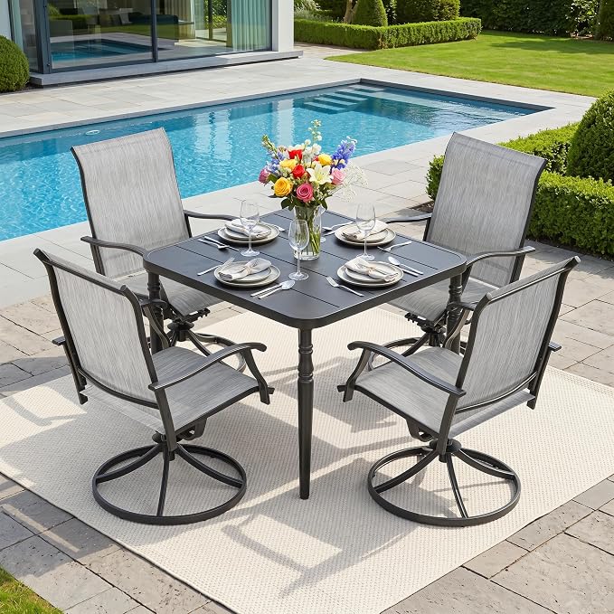 NUU GARDEN 5 Piece Patio Dining Set for 4, Swivel Chairs, Black | Square dining table with umbrella hole and 4 Textilene swivel chairs featuring ergonomic high backs and durable steel frames.