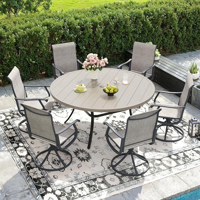 DIFY Outdoor Dining Set for 6, 7 Piece Patio Table and Chairs Set, Swivel Patio Dining Chairs with Grey Textilene & 50" Grey Wood-Like Round Metal Dining Table with Umbrella Hole, for Garden Backyard