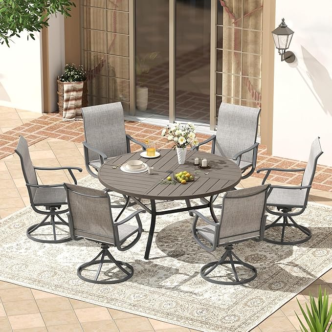 VICLLAX Patio 7 Pieces Outdoor Dining Set, 53" Round Metal Table with Umbrella Hole and 6 Swivel Textilene Chairs for Lawn, Garden, Porch, Grey
