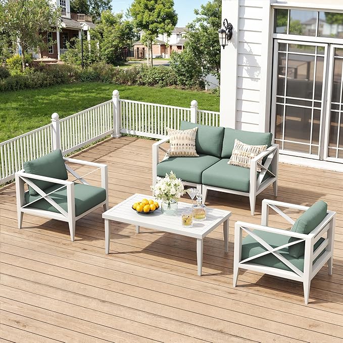 5-Piece Aluminum Patio Furniture Set, Oversized Outdoor Conversation Sofa Set with Coffee Table, White All-Weather Deep Seating, Rust-Proof Frame for Backyard, Deck, Porch, or Balcony