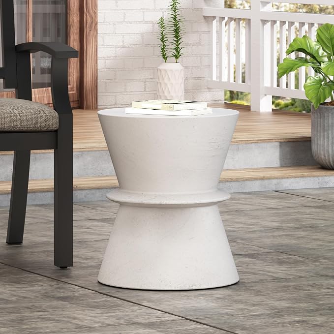 Outdoor Side Table 15.5" Hourglass Shape Lightweight Concrete-Look Outdoor Indoor Accent Table Decorative Garden Stools, for Patio Porch Living Room, White