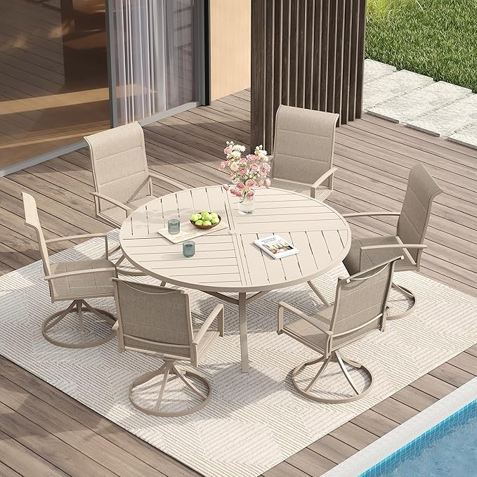 VICLLAX Patio Dining Set for 6, 6 Seats Outdoor Furniture Includes 50.1" Round Patio Table and Swivel Padded Chairs, Sandshell Color Tabletop and Fabric