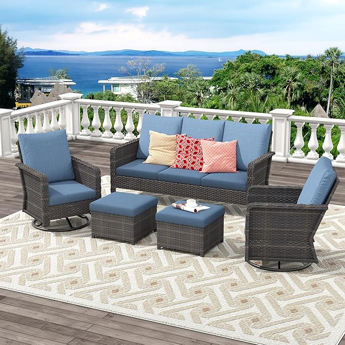Brafab 7 Seats Outdoor Patio Furniture Set, Wicker Swivel Chairs Conversation Sets with Ottomans and Cushions, High Back Sectional Sofa with Gilder Chair for Yard Garden Porch, Blue