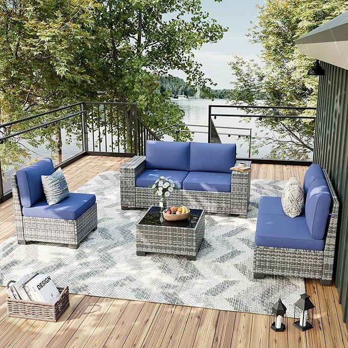 UDPATIO Patio Furniture Set, 8 Inch Armrest Outdoor Sectional Sofa, 6 Piece Wicker Outdoor Furniture Conversation Sets with Waterproof Cover and Coffee Table for Backyard Deck(Grey/Navy Blue)