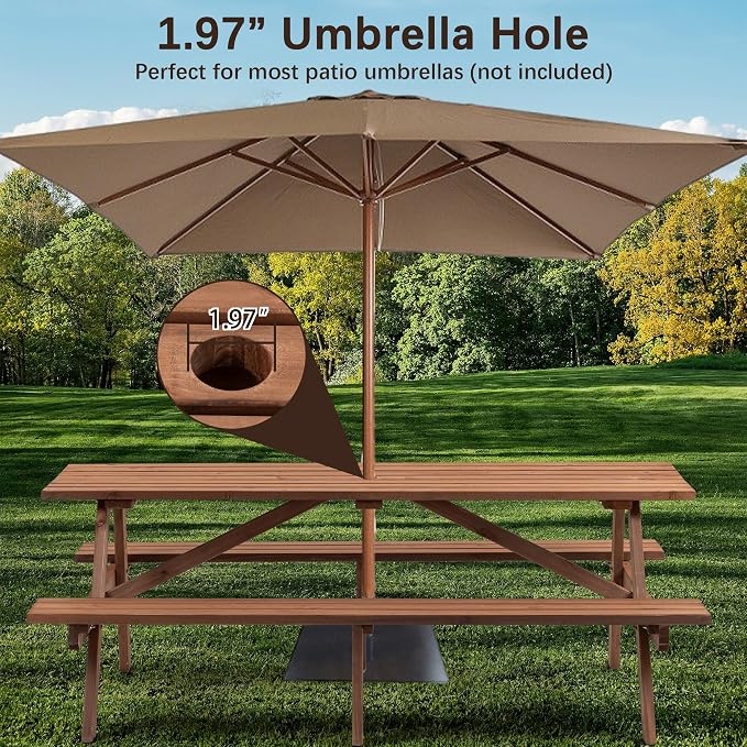 Hohuqeri Picnic Table Bench Set for 8 Persons, 6FT Large Camping Table, Wood Outdoor Dining Beer Table Set with 2” Umbrella Hole for Patio Lawn Garden (Brown)