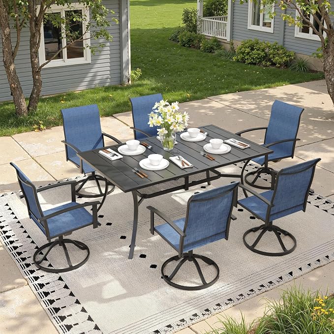 7 Pieces Patio Dining Set, Outdoor Furniture of 59.2" Rectangular Patio Table and Patio Swivel Chairs for Backyard Lawn Garden, Black Table and Dark Blue Chairs