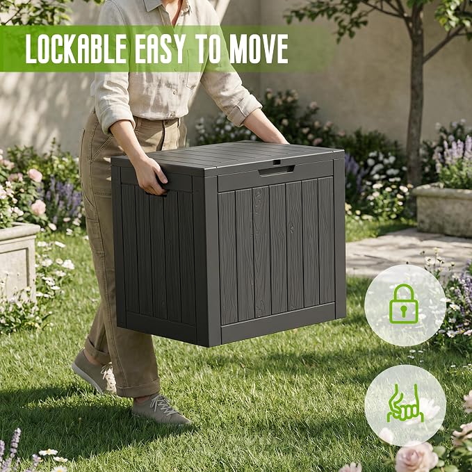 Vixzen 35 Gallon Deck Boxes Outdoor Waterproof, Lockable Resin Storage Box with lid for Furniture Cushions, Weatherproof Containers Outside Storage Boxes for Garden Patio Pool Tools (Black, 35 Gallon)