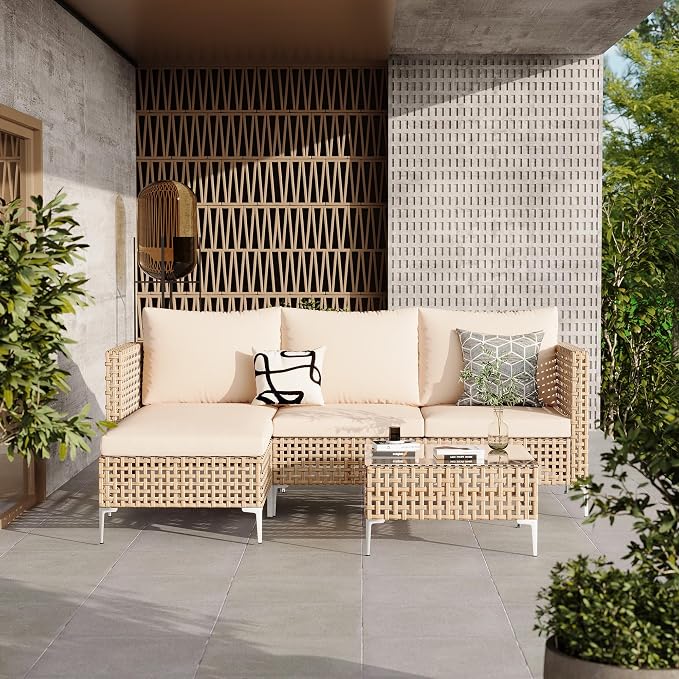3 Pieces Small Patio Furniture Set,Wicker Chaise Longue Conversation Set, Rattan L-Shaped Sofa Couch with Coffee Table for Deck Porch Balcony and Garden