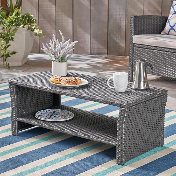 2 Tier Rattan Coffee Table, Outdoor Rectangle Patio Coffee Table with Storage for Patio Balcony Porch Deck