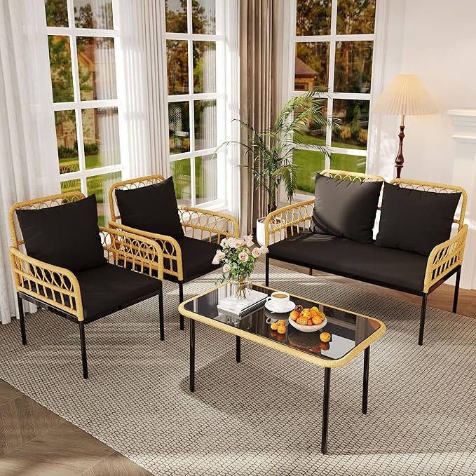 4 Pieces Outdoor Patio Furniture Set with Table - Rattan Balcony Furniture for Porch or Deck, Includes Chaise Lounge, 2 Armchairs with Cushions and Pillows for Porch Backyard Lawn Poolside Deck, Black