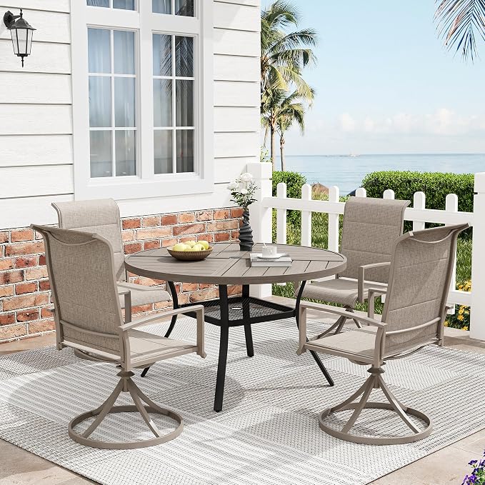 Patio Dining Table for 4, Round Metal Outdoor Table with Storage Shelf, 1.57" Umbrella Hole, 41" Outdoor Quartered Tabletop Dining Table for Backyard, Porch, Lawn, Grey